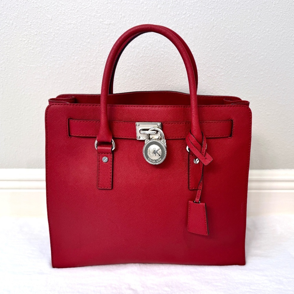 MICHAEL KORS HAMILTON Large Red Saffiano Leather Bag with Silver Tone Hardware